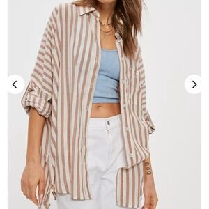 AE Go Big Striped Oversized Button Shirt M Summer Beach Casual Roll Tab Slv NWT